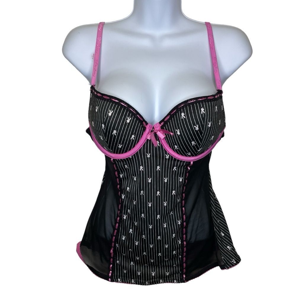 Vintage Playboy Lingerie With Bra Top Black Mesh Detail Pink Straps Size Medium